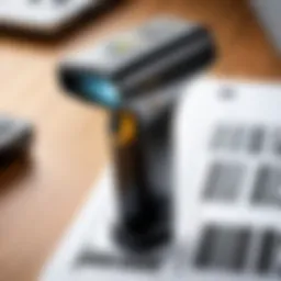 A close-up view of a barcode scanner in action, capturing product information.