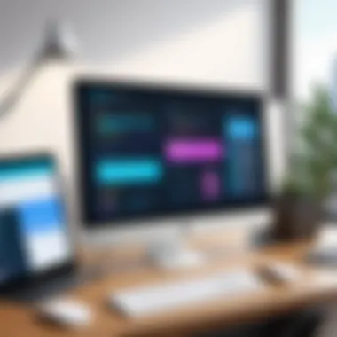 Modern Workspace with Job Management Software An illustration depicting a modern workspace with job management software on screen.