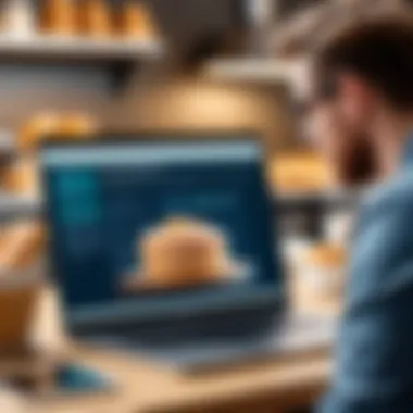 A business owner analyzing bakery software options on a laptop