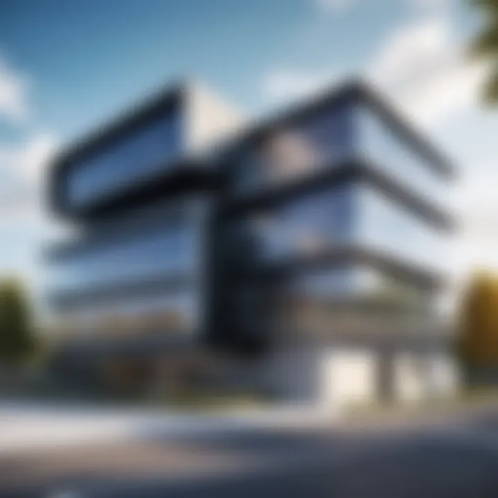 An architectural visualization showcasing a modern building designed using free BIM software.