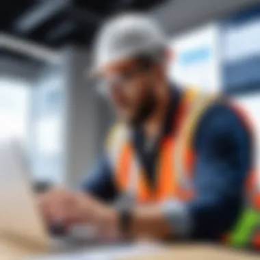 A construction manager analyzing estimates on a laptop