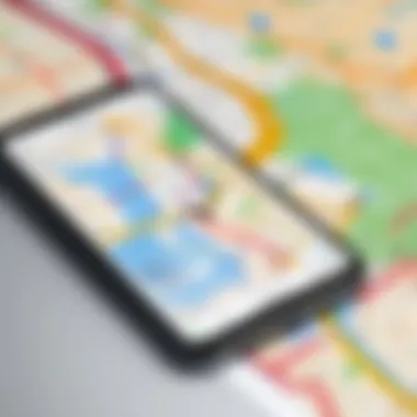 A smartphone displaying a map with route planning capabilities highlighted