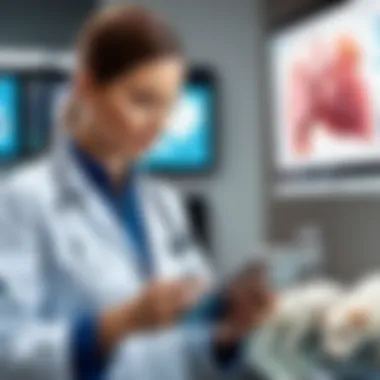 Veterinarian using a tablet in a clinic setting with cloud software displayed